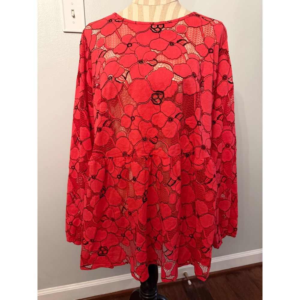 Lane Bryant Red Floral Lace Tunic Top Size 20 Long Sleeve Babydoll Blouse